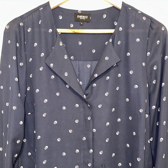 Jeanswest 10 Navy Blush Pink Polka Spotted Button Front Long Sleeve Blouse - Picture 3 of 11